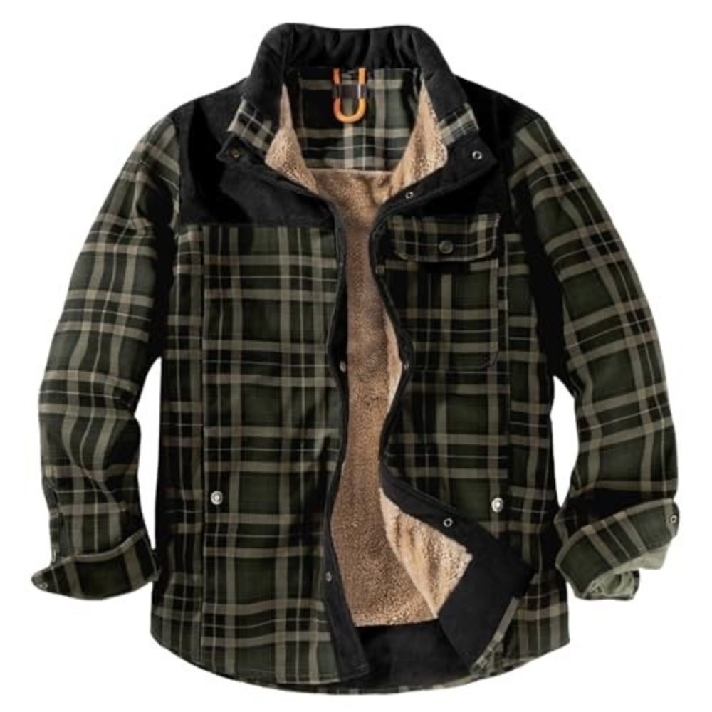 Mens Plaid Sherpa Lined Flannel Shirt Jacket Corduroy Trim Olive Green Black L